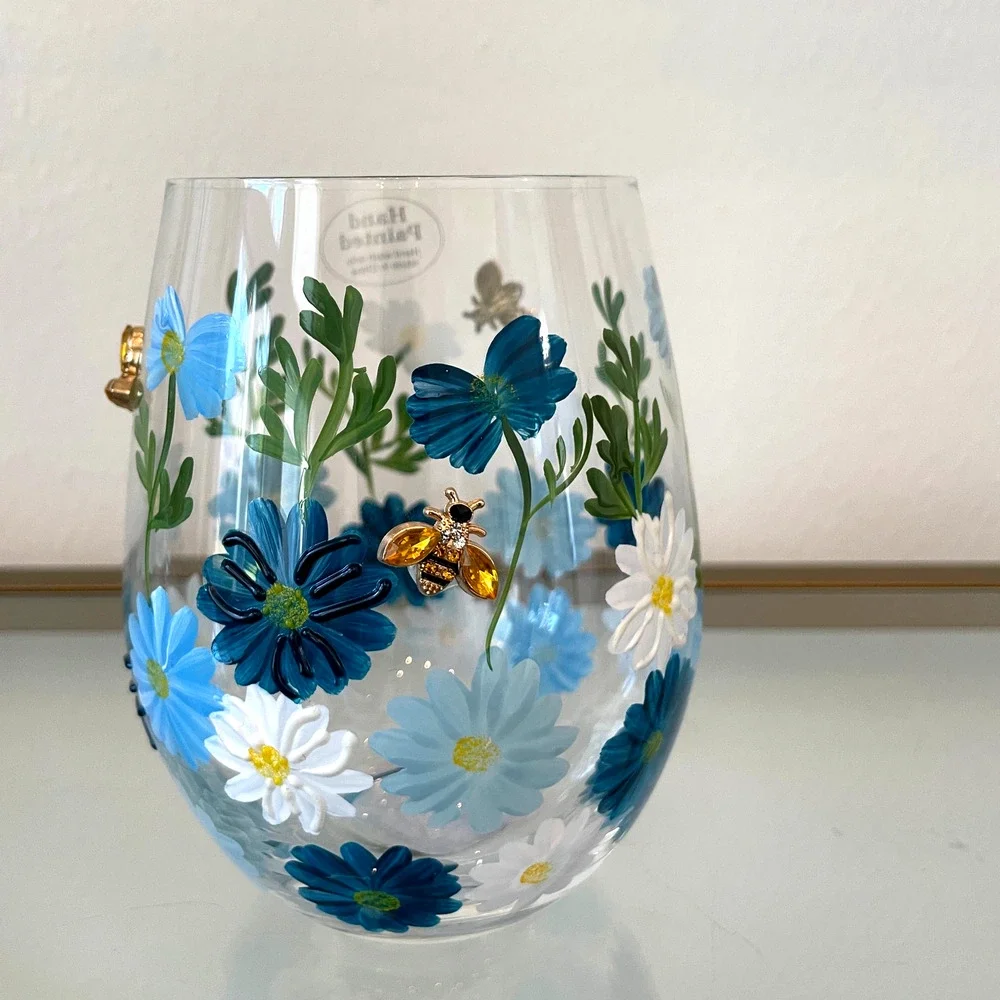 Hand Painted & Jeweled Stemless Wine Glass Blue Daisy Floral Bumblebee NEW